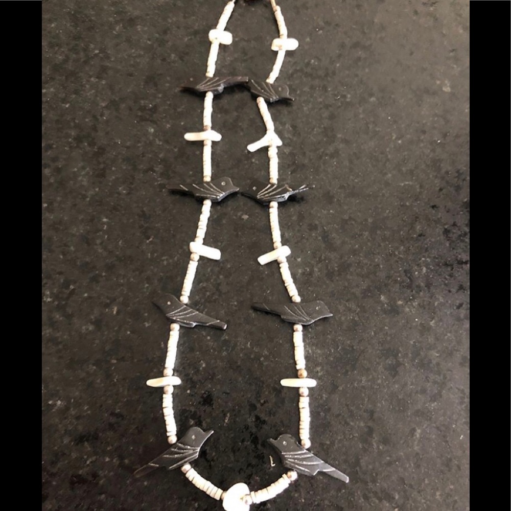Onyx fetish, mother-of-pearl & heshi necklace